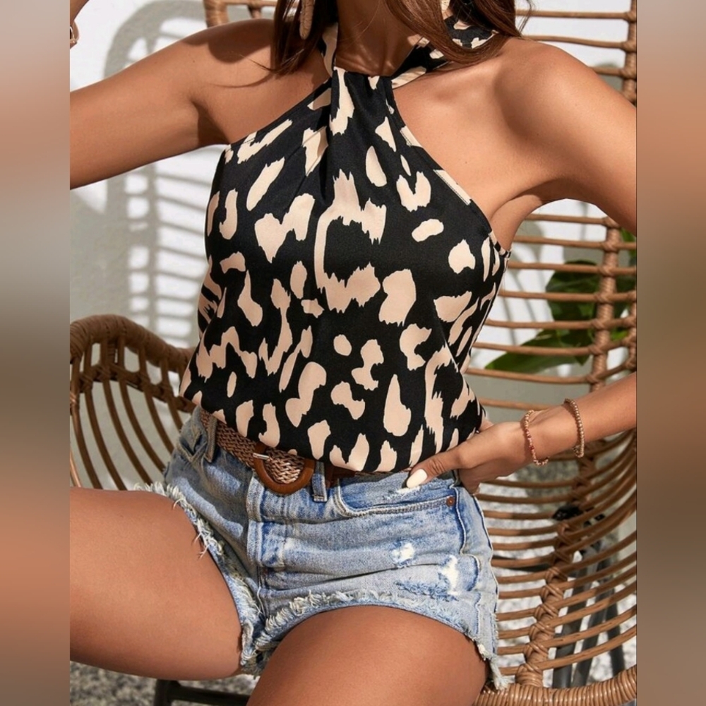 Stylish Halter Leopard Print Blouse NWOT